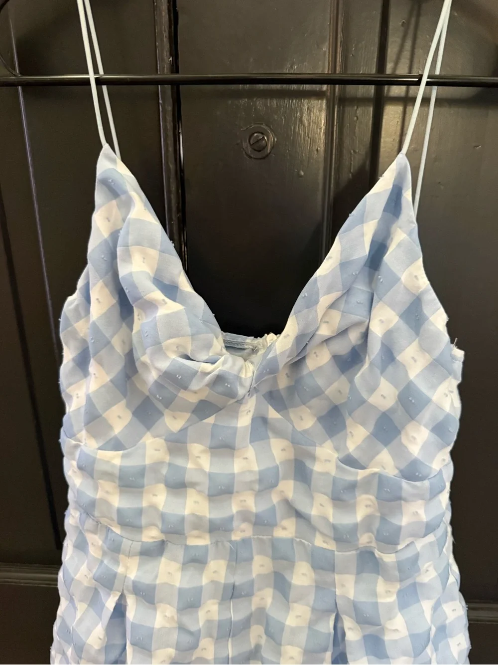 Princess Polly Blue and White Checkered Spaghetti Strap Romper. Size 8
